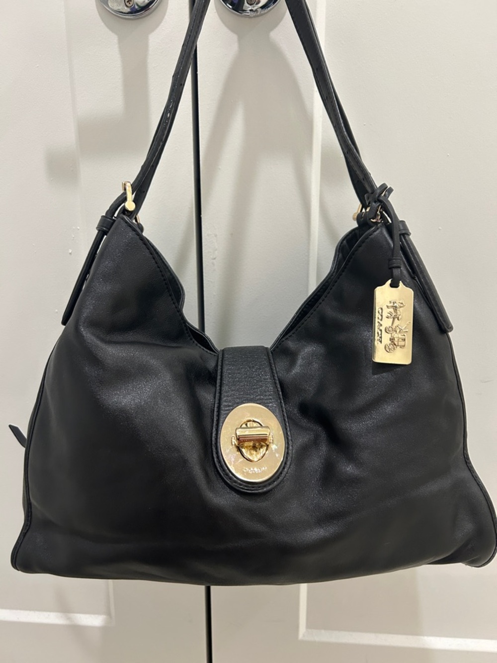Coach Black Leather Hobo Shoulder Bag with Gold Hardware